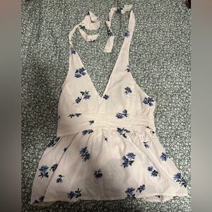 American Eagle XS White Floral Tie Up Halter Top